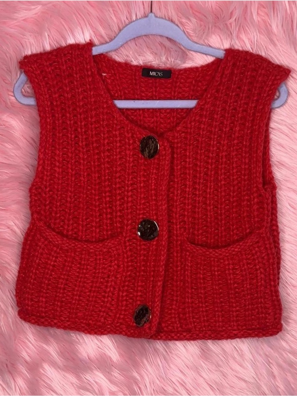Micas Red Knit Button-Front Tank Vest